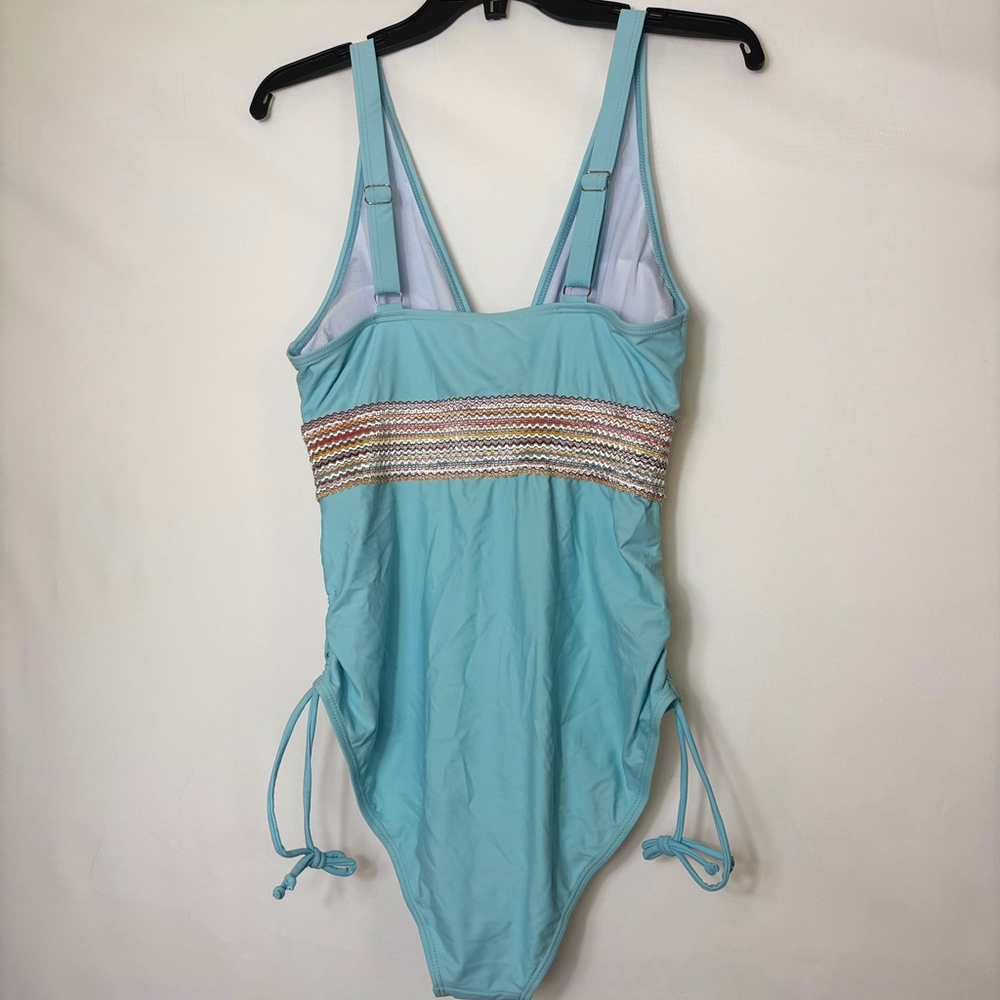 Turquoise One-Piece Swimsuit Size L Ocean Blue With Vintage Camera Strap Stripe - Picture 3 of 5